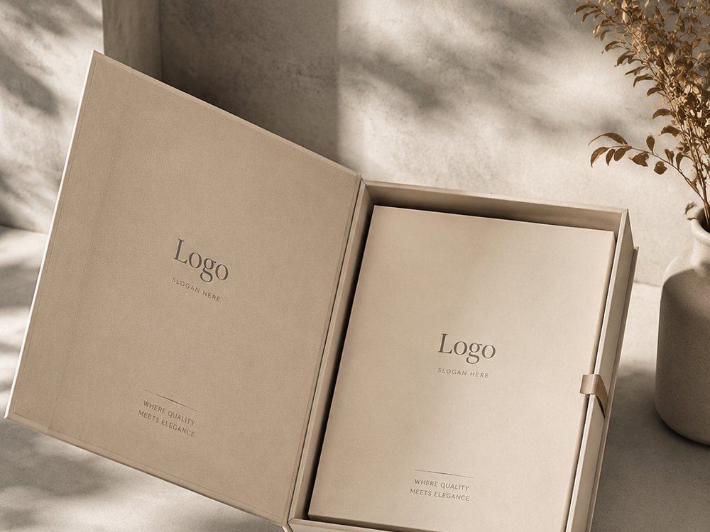 Book-style clamshell rigid box laid flat, with an inner tray holding an elastic band and gold foil lettering on the panel