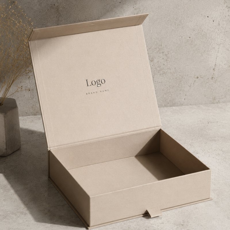 Open beige rigid box with a hinged flip lid, styled on a concrete surface beside dried flowers