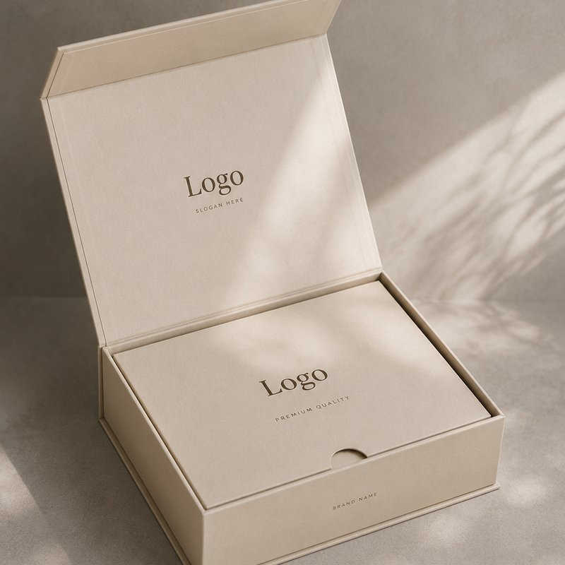 Open rigid box with a hinged flip lid and a printed card held inside the lid panel