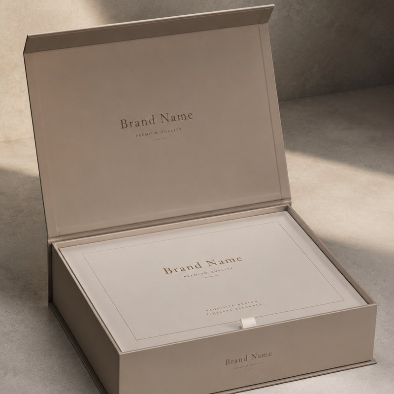 Open rigid box with a hinged flip lid and gold foil branding printed across the inside lid panel